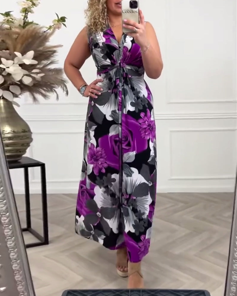 Viola | Robe Maxi Florale Femme Sans Manches avec Nœud à l'Avant et Décolleté en V