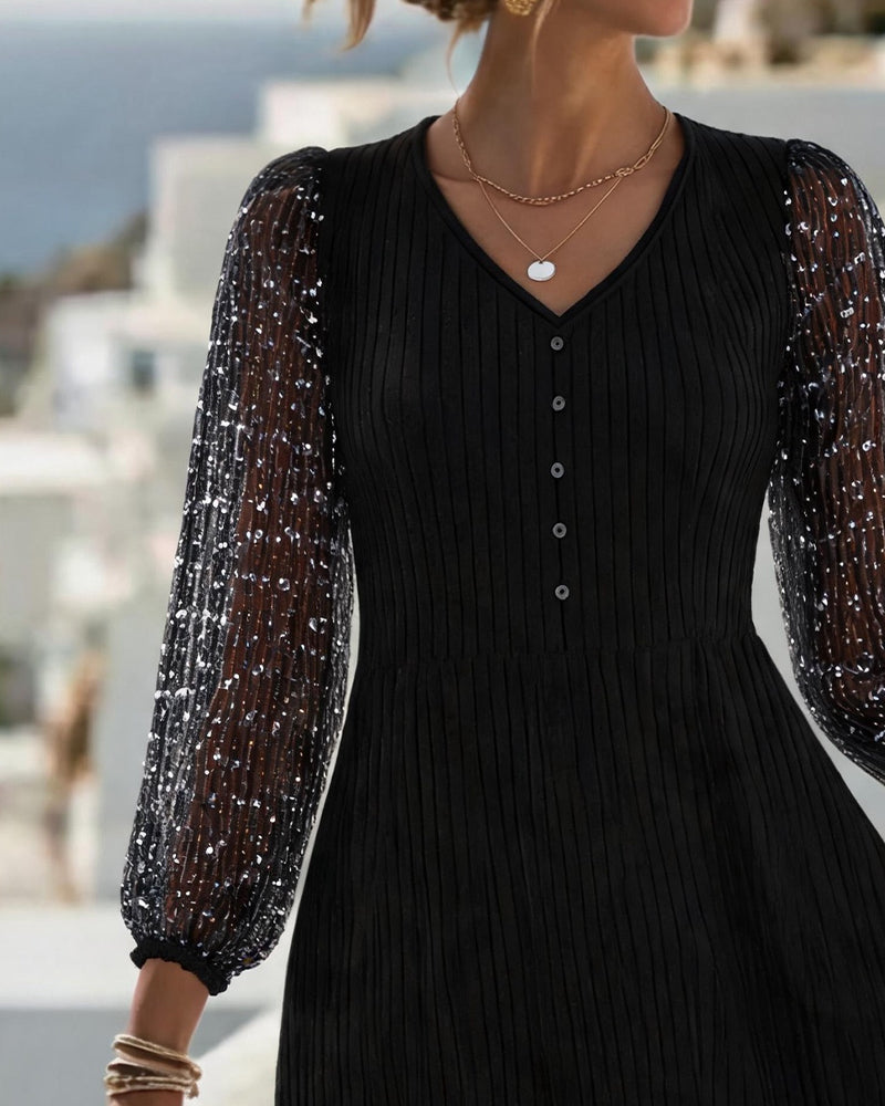 Robe Col En V Bouton Dentelle Patchwork