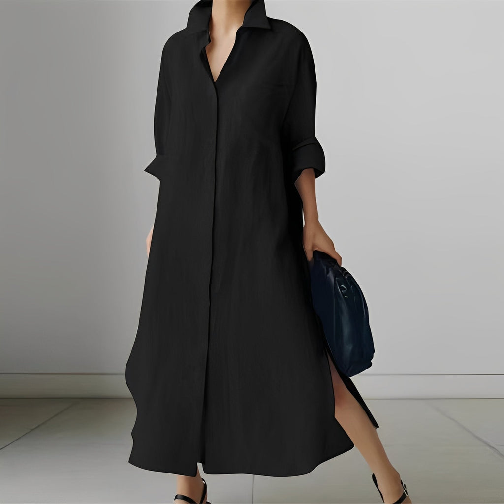 Livia - Robe Midi à Design Chemise avec Fente pour Femmes