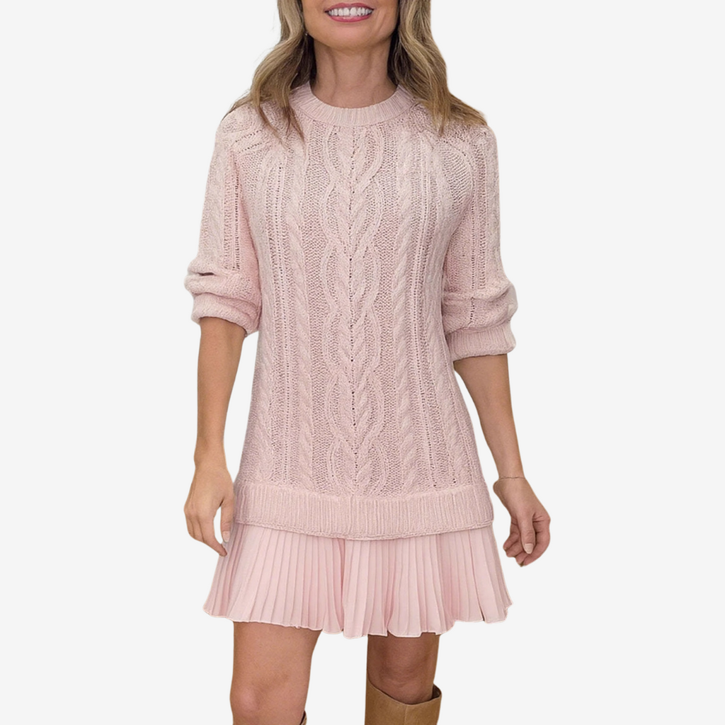 Robe Tricotée Femme avec Volant Plissé et Devant en Tricot à Cable