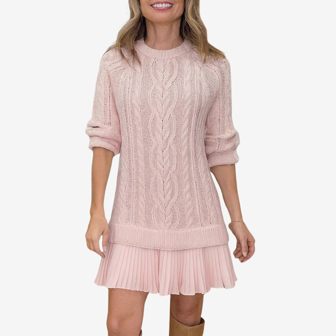 Robe Tricotée Femme avec Volant Plissé et Devant en Tricot à Cable