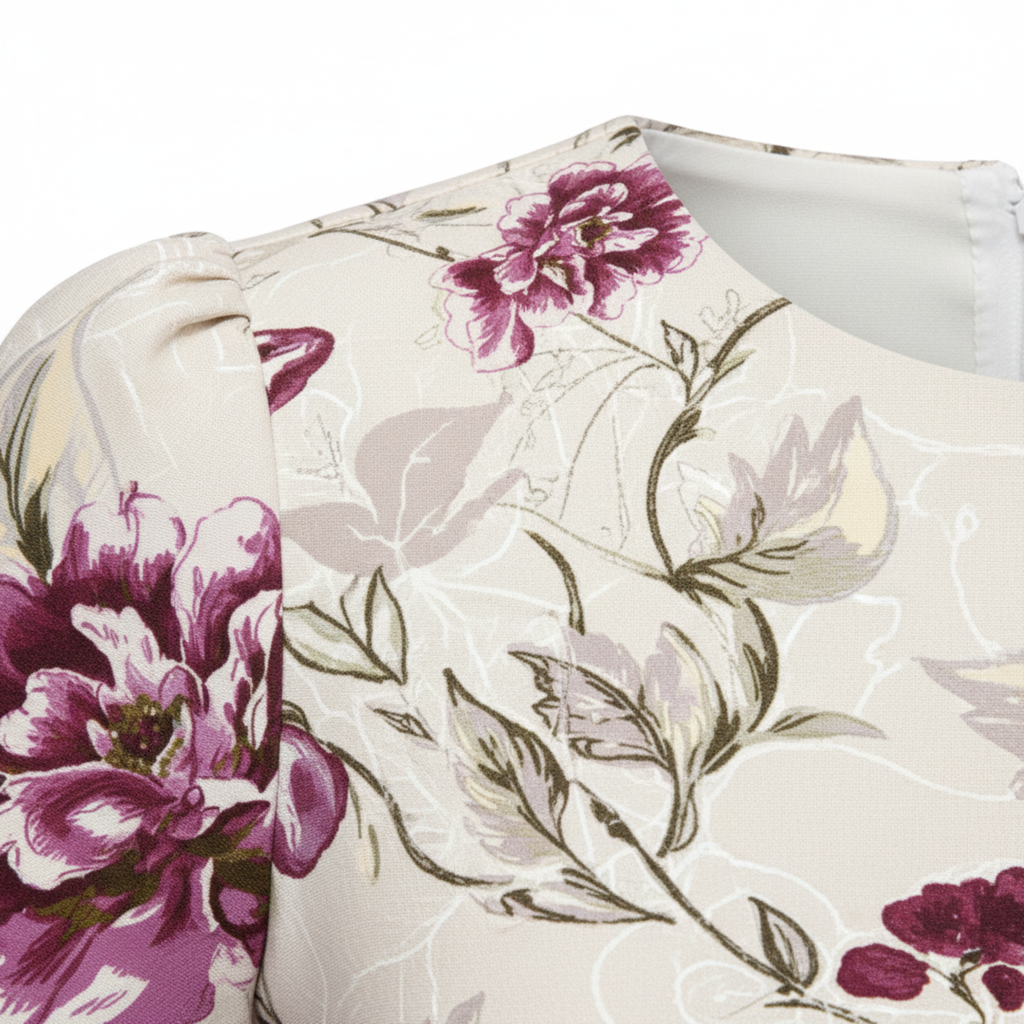 Robe de Soirée Midi Imprimé Fleuri à Manches 3/4 pour Invitée de Mariage