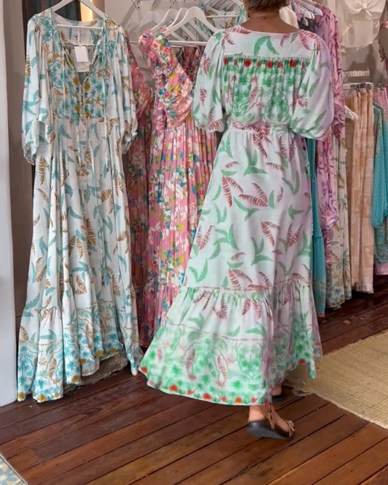 Robe maxi à imprimé feuilles avec décolleté en V pour femmes