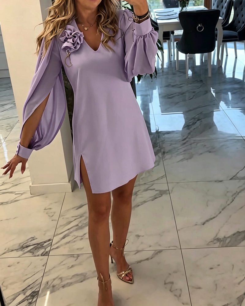 Robe à Manches Lanternes avec V-Cou et Fleurs en Trois Dimensions