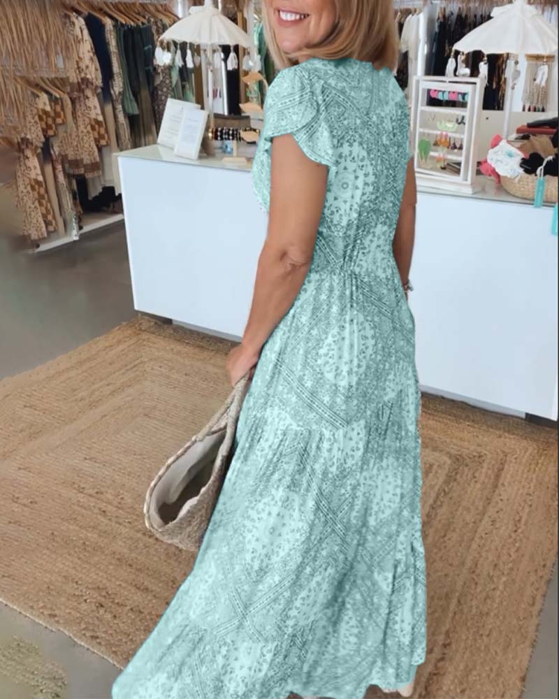 Robe à manches fendues en V imprimée pour les vacances