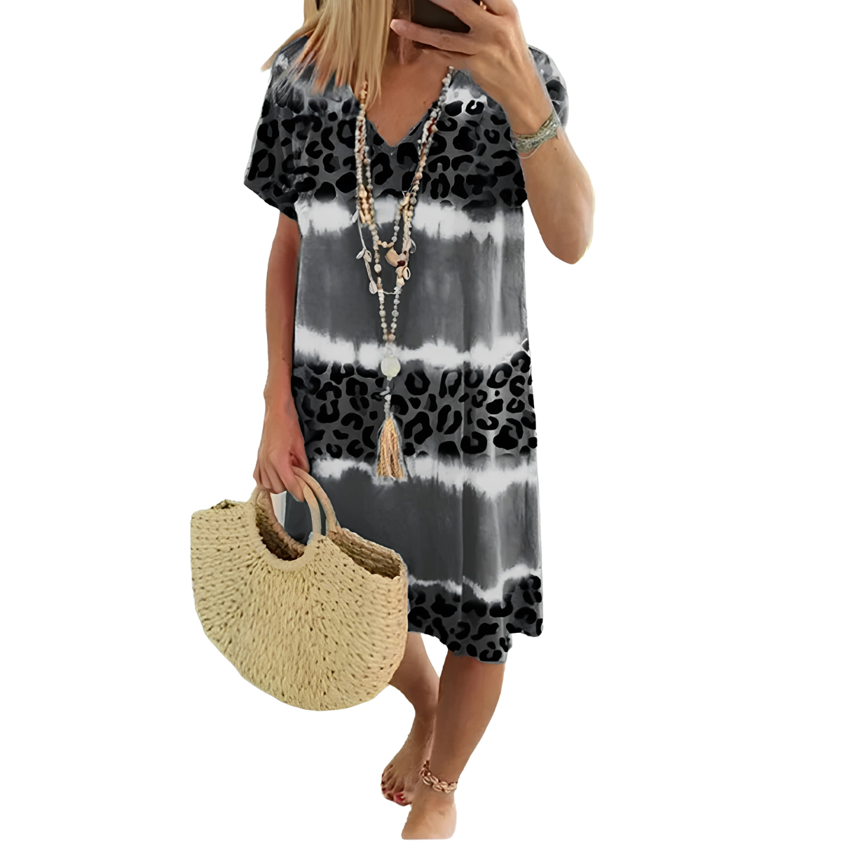 Kalissa | Robe de resort légère avec imprimé léopard tie-dye et décolleté en V