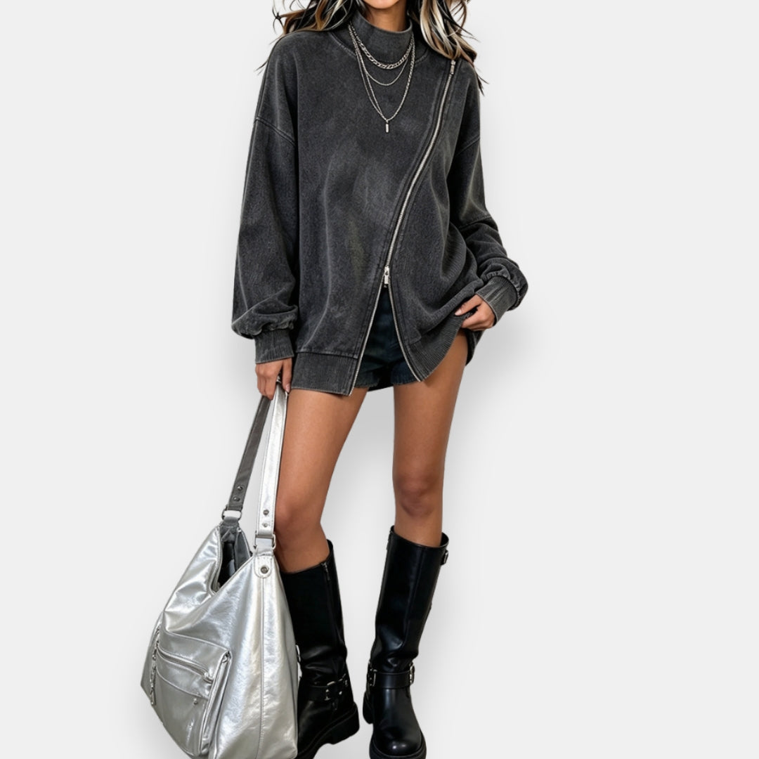 Sweat femme oversize à zip asymétrique