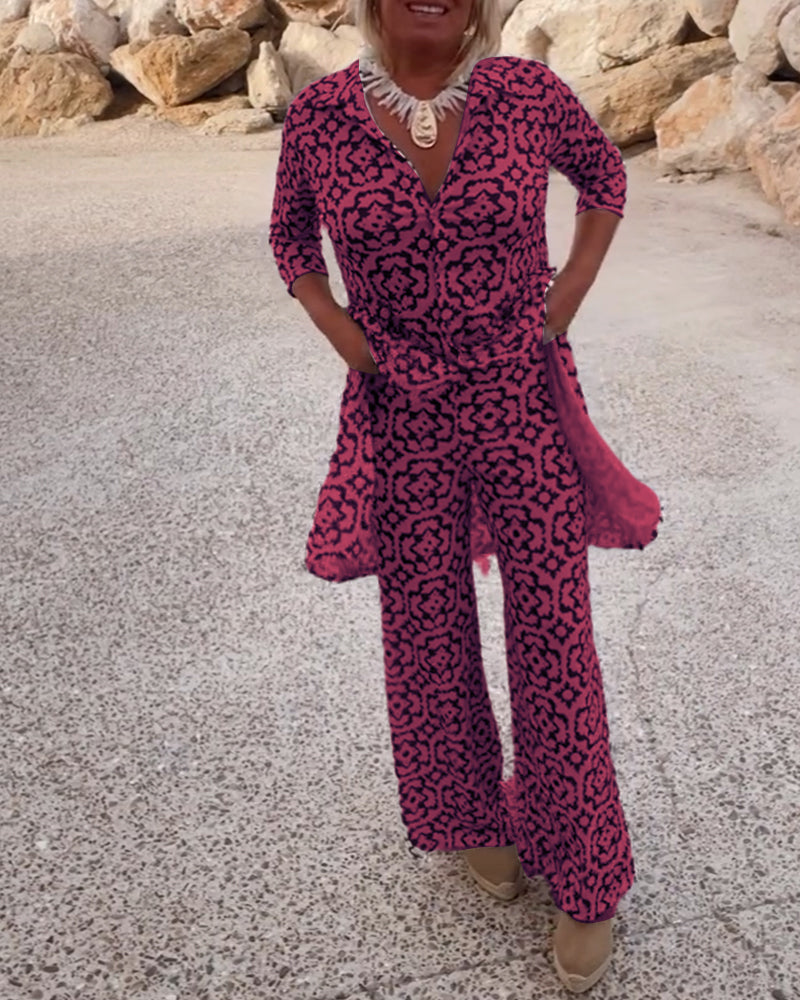 Mosa | Ensemble imprimé pour femmes, chemise longue et pantalon droit