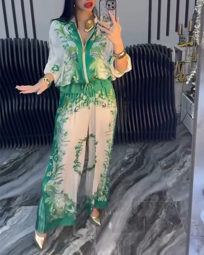 Costume à col montant et fermeture éclair avec jambes larges