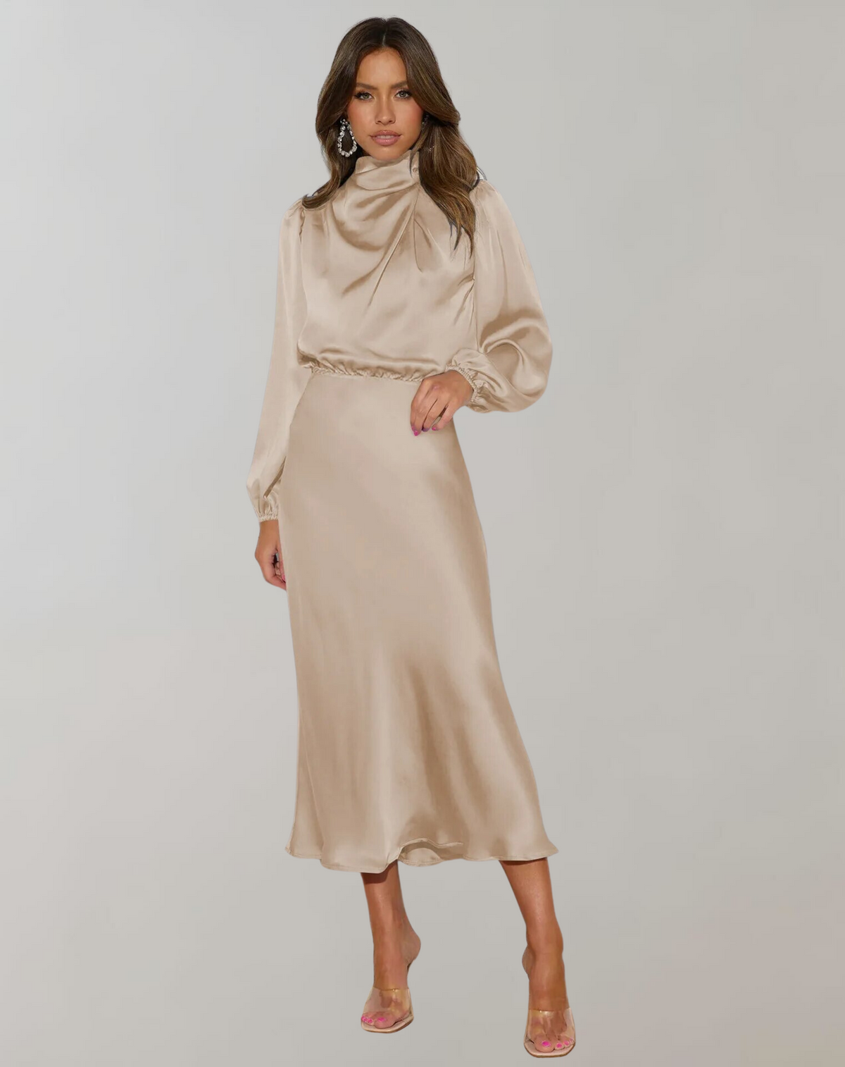 Robe en Satin pour Femme avec Col Montant et Manches Longues