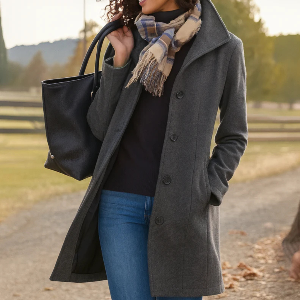 Manteau long femme boutonné à col montant élégant