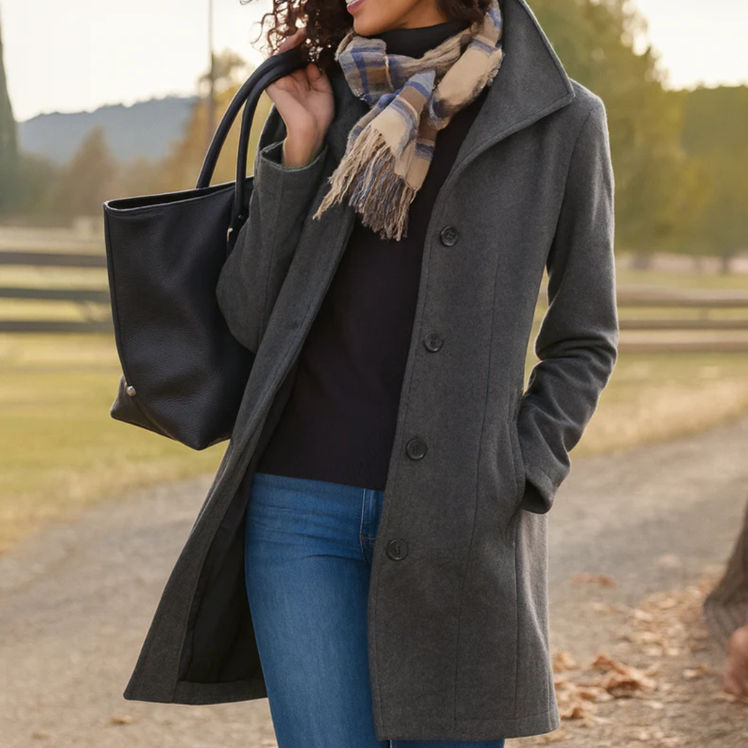 Manteau long femme boutonné à col montant élégant