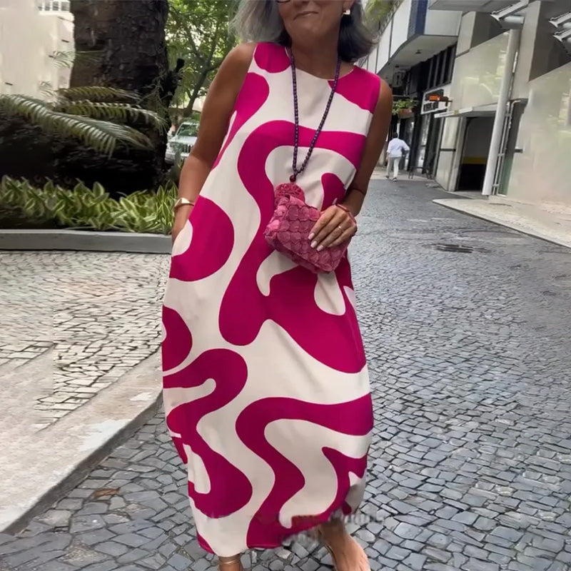 Robe sans manches à imprimé géométrique col rond