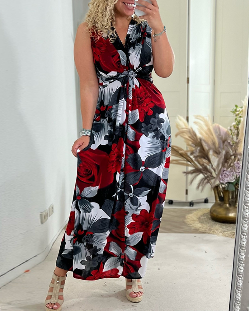 Viola | Robe Maxi Florale Femme Sans Manches avec Nœud à l'Avant et Décolleté en V