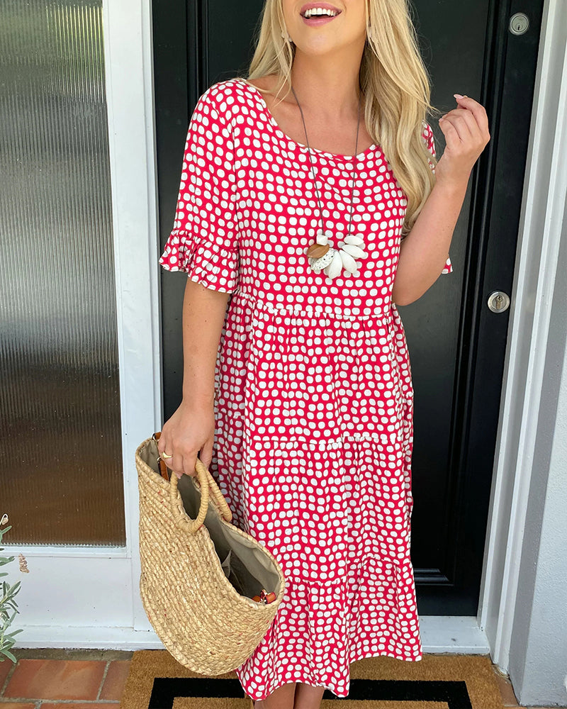 Robe midi à imprimé pois avec col rond