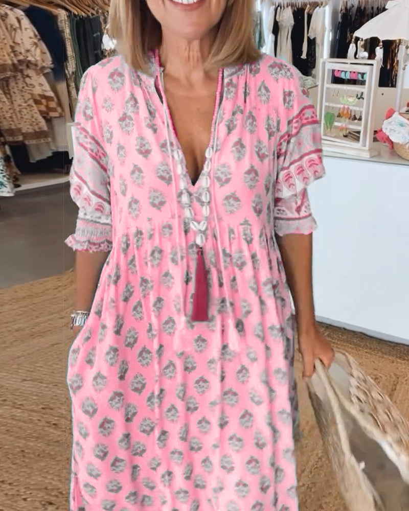 Robe décontractée imprimée à col en V et manches mi-longues