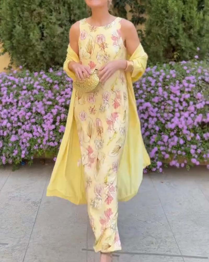 Robe Maxi Sans Manches + Ensemble Cardigan Assorti