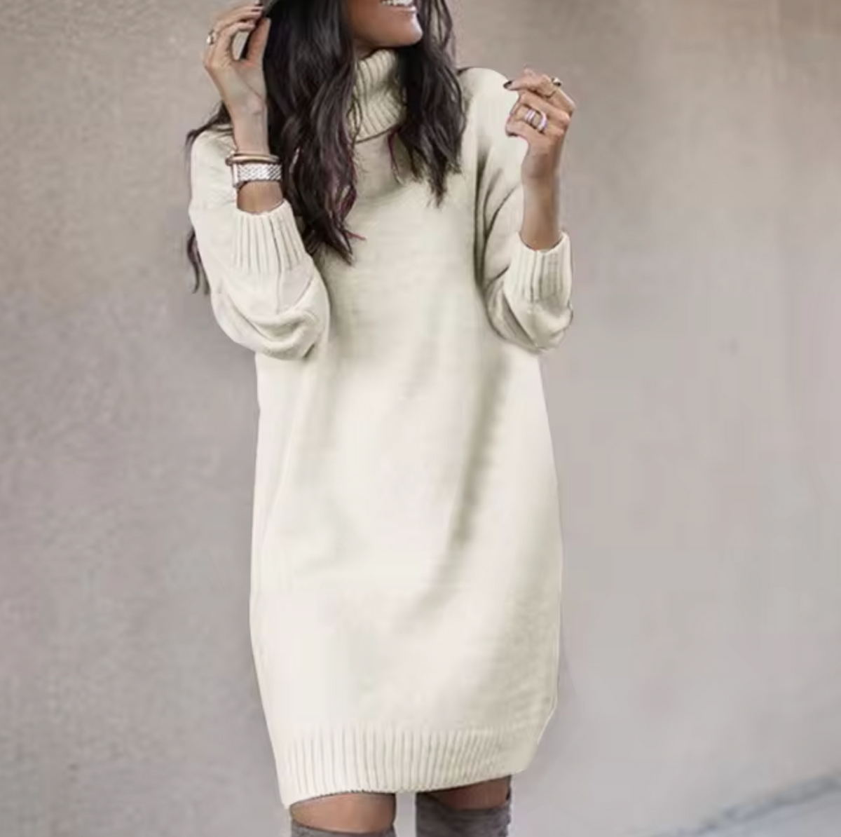 Robe Tricotée pour Femme avec Col Montant et Manches Longues