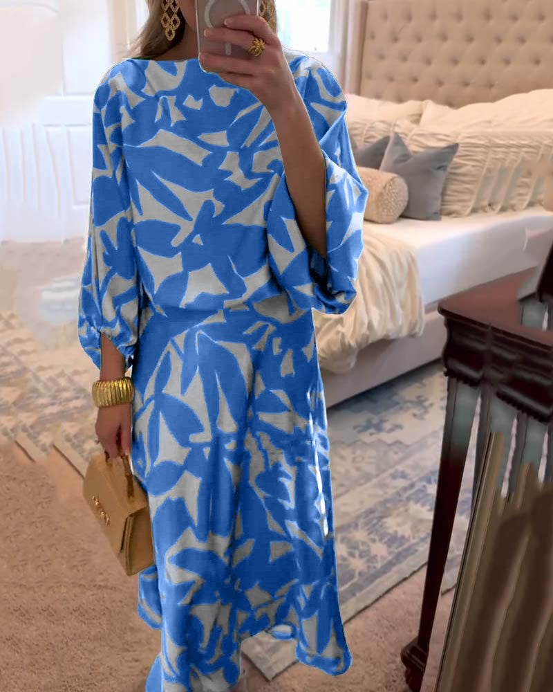 Ensemble de Robe Décontractée à Manches Lanternes Imprimées