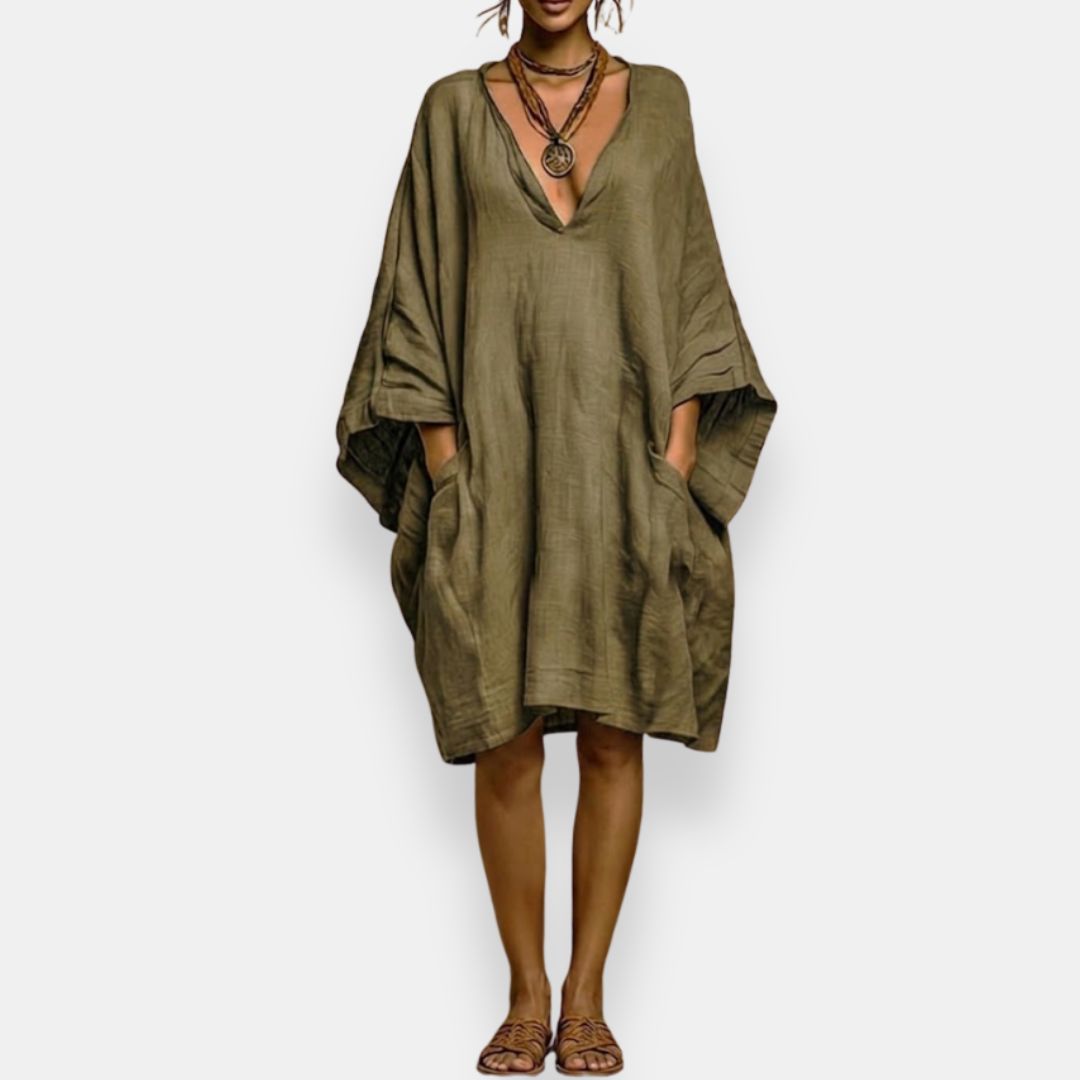 Cassienne | Robe mi-longue pour femmes avec décolleté en V et poches