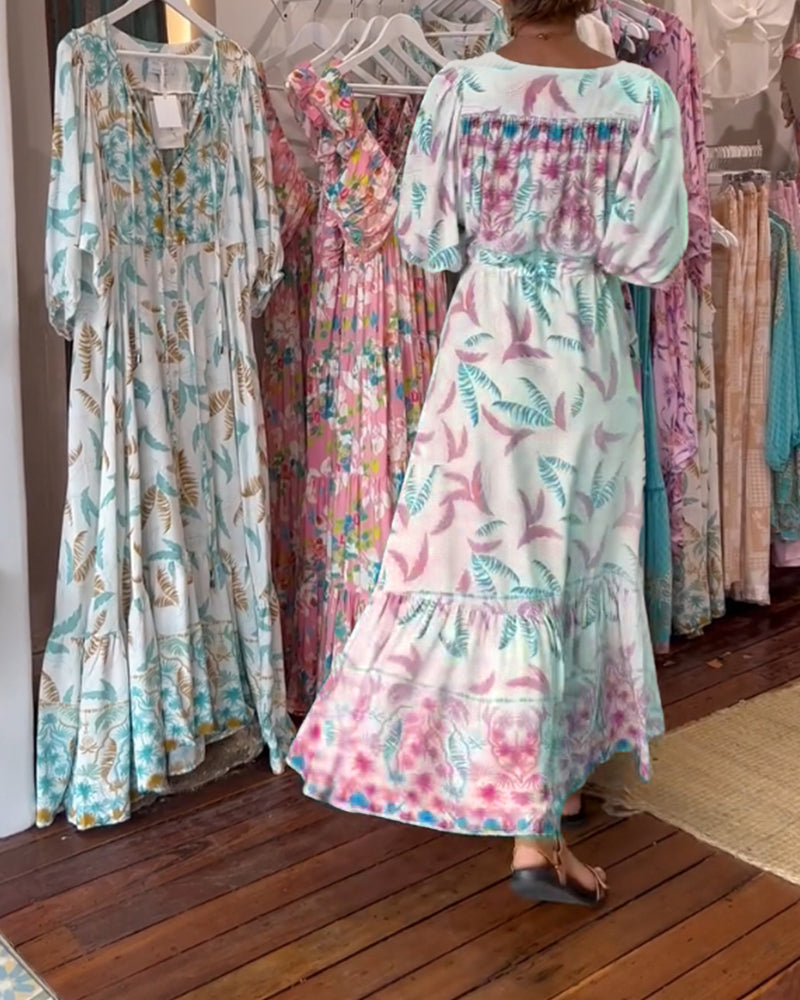 Robe maxi à imprimé feuilles avec décolleté en V pour femmes