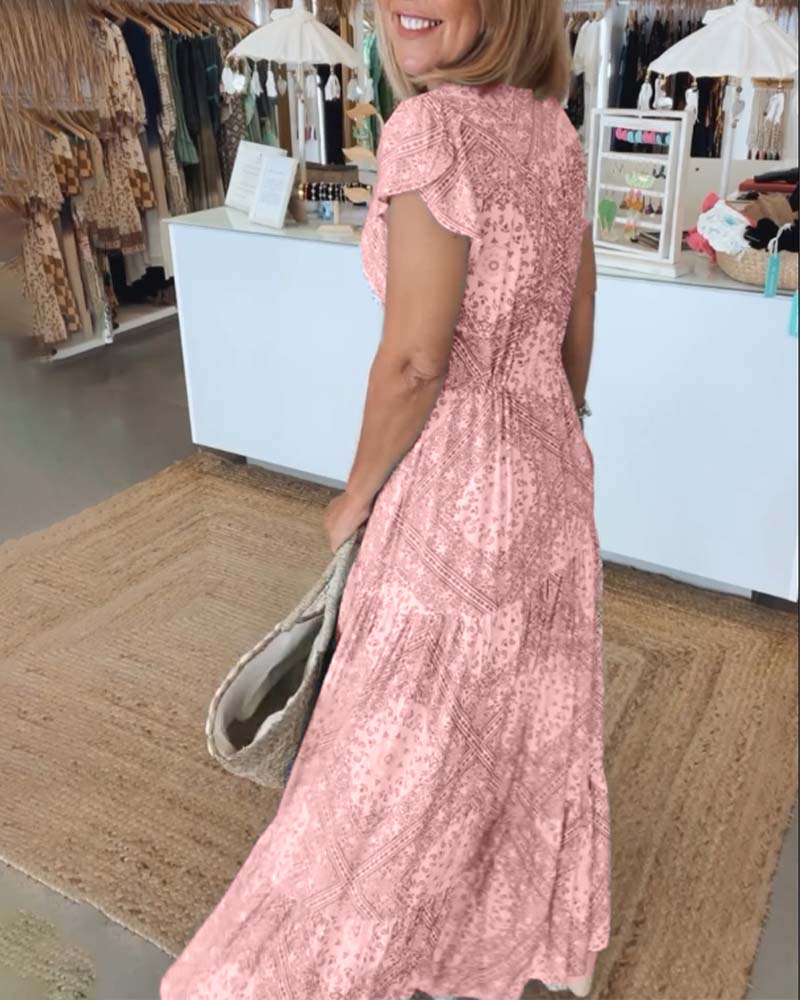Robe à manches fendues en V imprimée pour les vacances