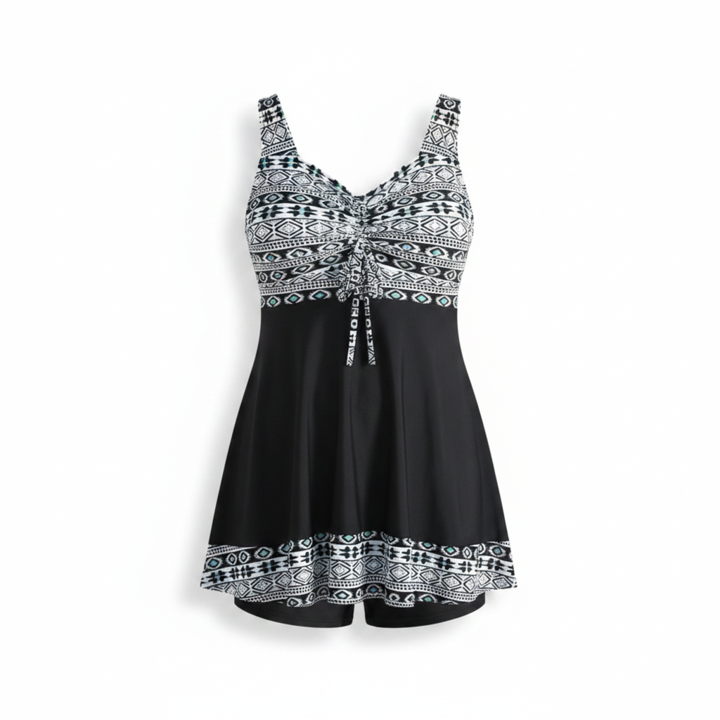 Robe de Bain Ajustée pour Femme avec Col en V et Jupe Évasée Tankini Set