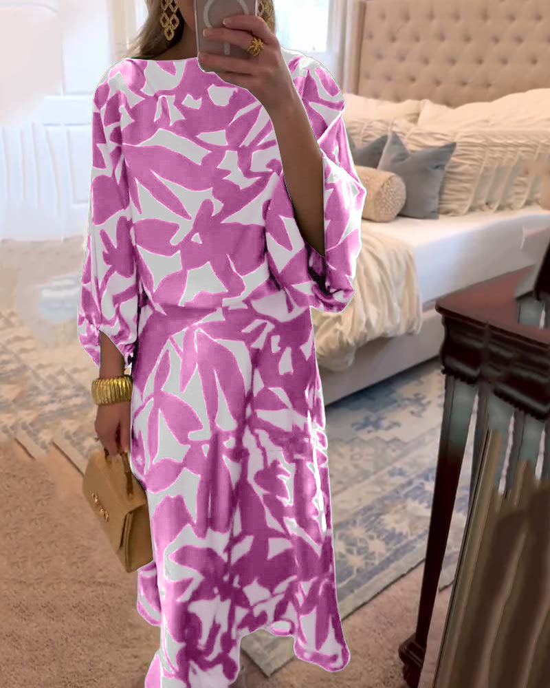 Ensemble de Robe Décontractée à Manches Lanternes Imprimées