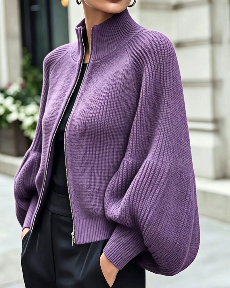 Manteau à col montant et manches lanternes avec fermeture éclair