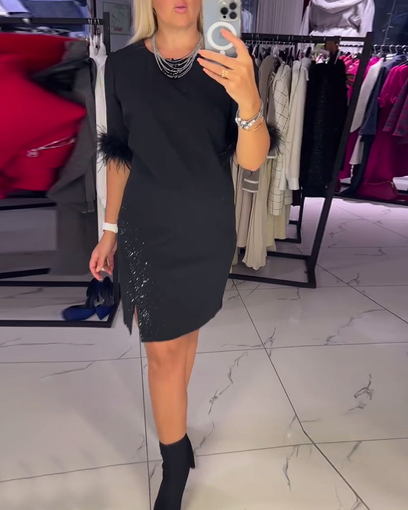 Robe décontractée à encolure ronde avec fente, design personnalité