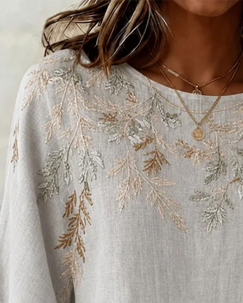 Blouse Col Rond Manches Mi-Longues Motif Feuille