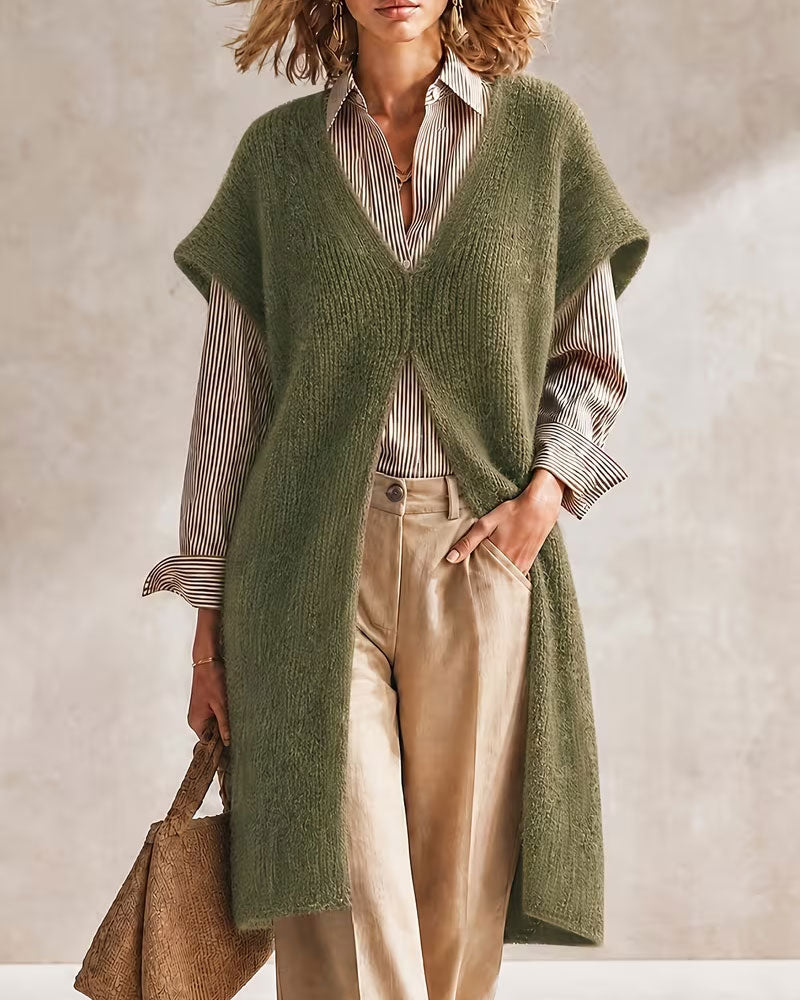 Robe Pull V-Cou Couleur Unie