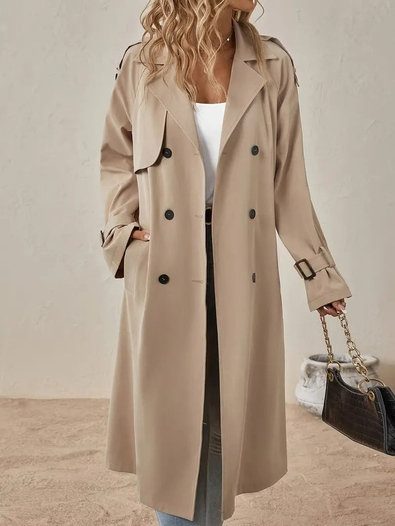 Manteau Trench Long Femme avec Doubles Rangées de Boutons et Ceinture