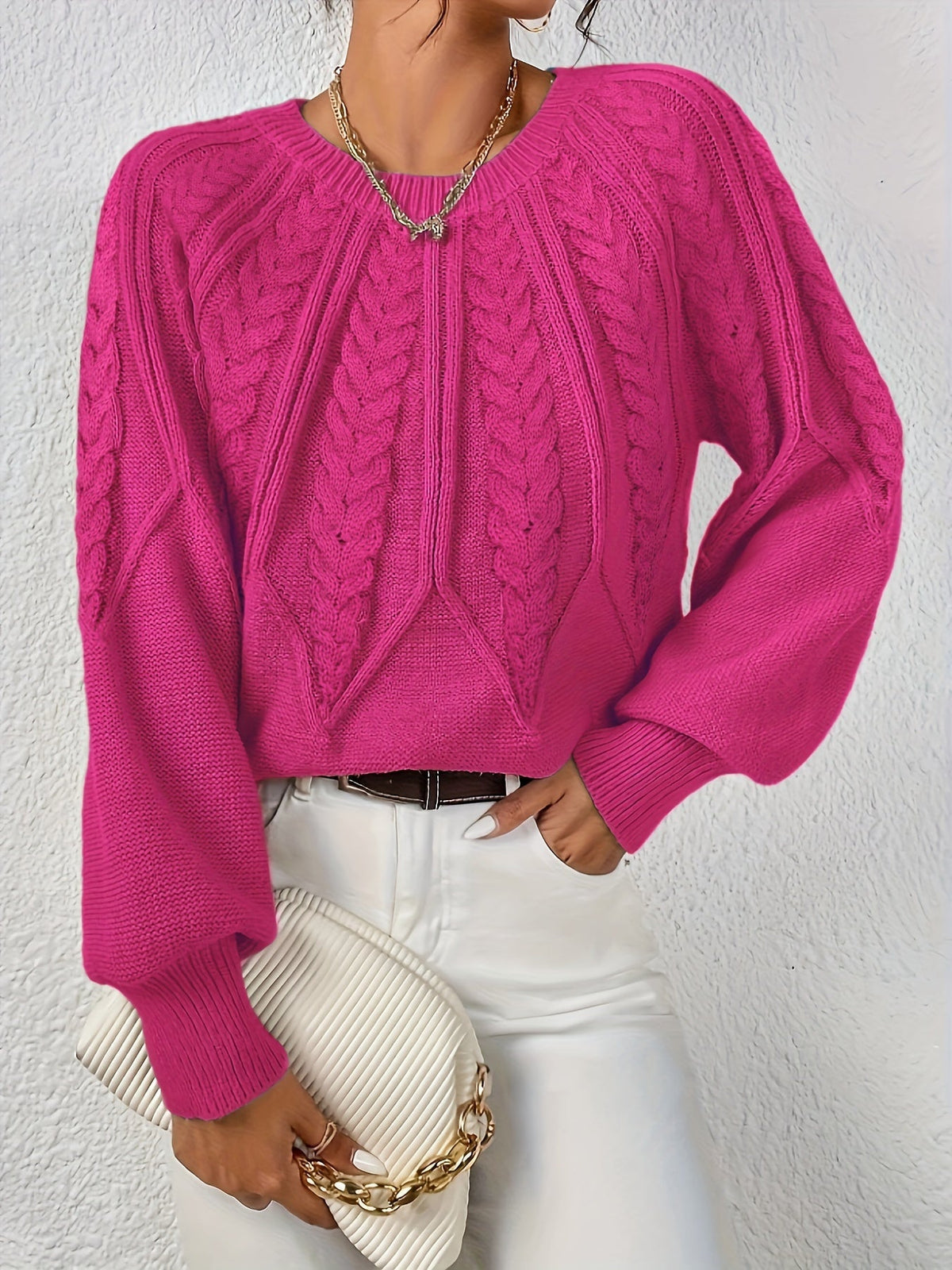 Pull en Tricot à Câbles pour Femme avec Col Rond et Manches Raglan