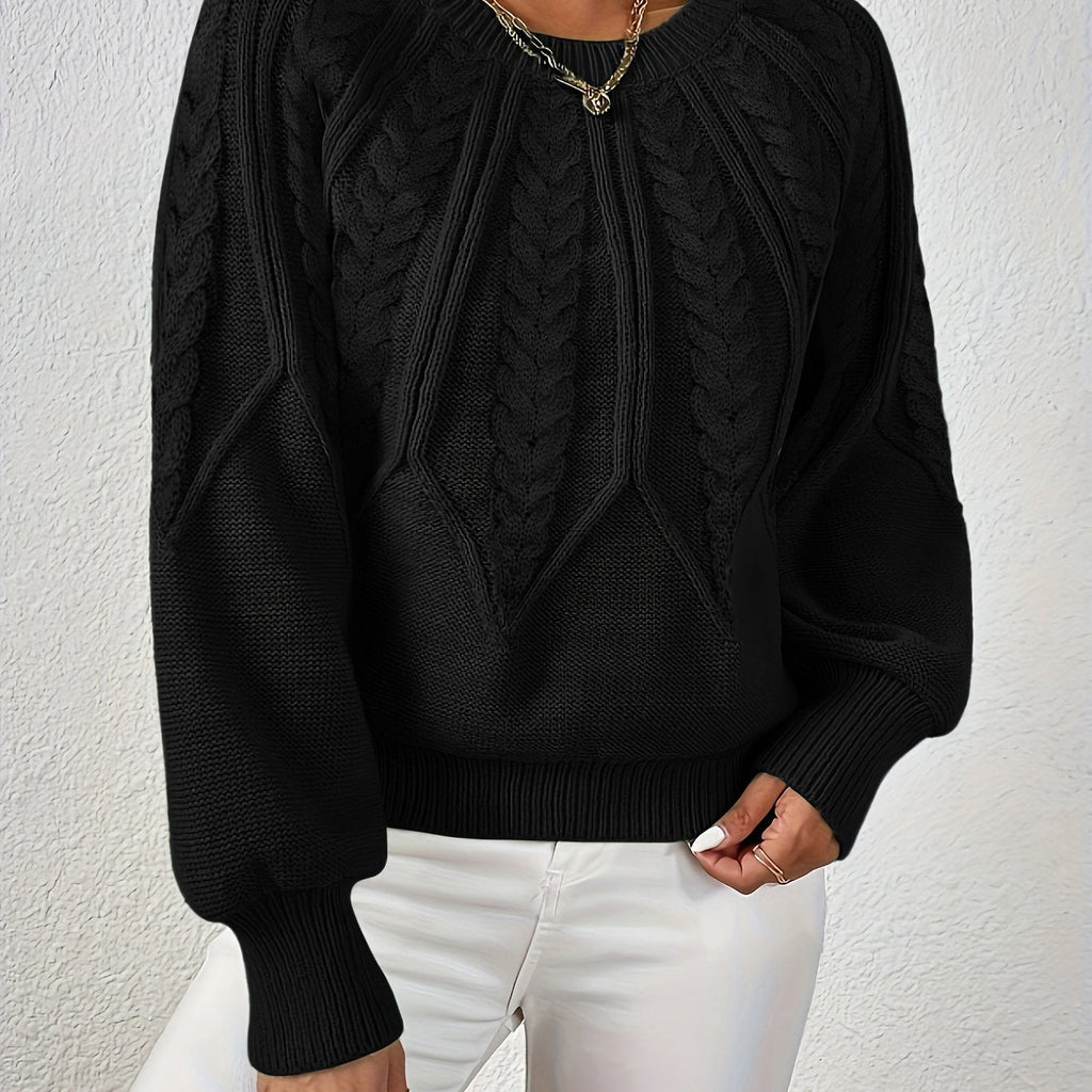 Pull en Tricot à Câbles pour Femme avec Col Rond et Manches Raglan