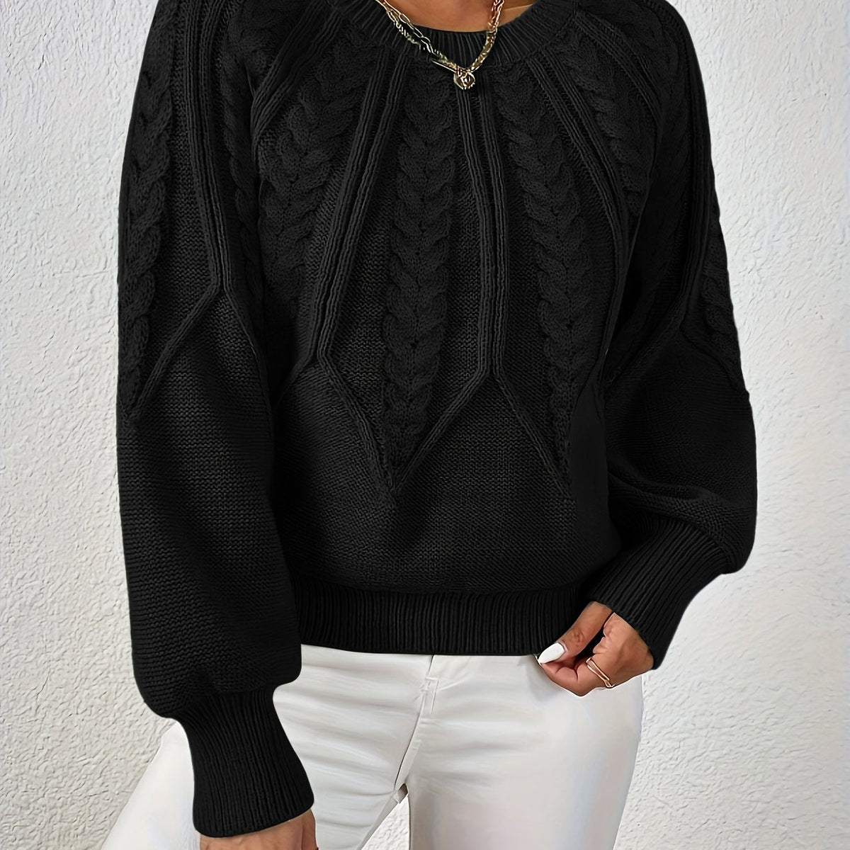 Pull en Tricot à Câbles pour Femme avec Col Rond et Manches Raglan