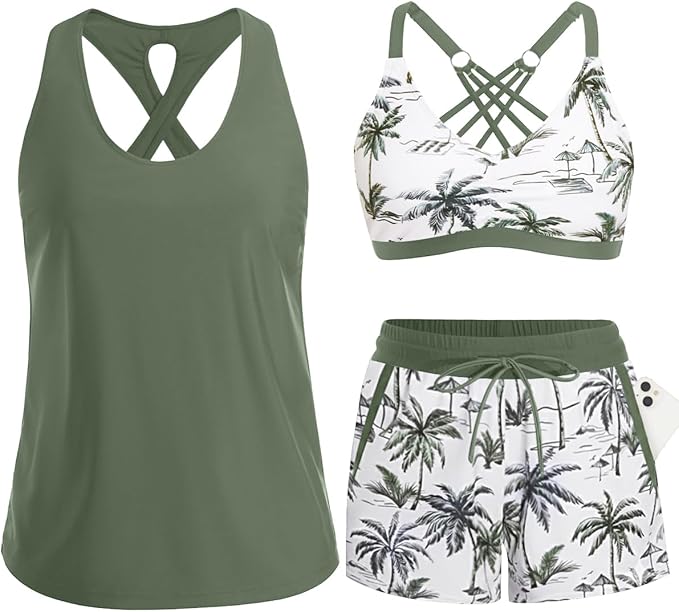 Désirée | Tankini femme trois pièces avec imprimé palmiers