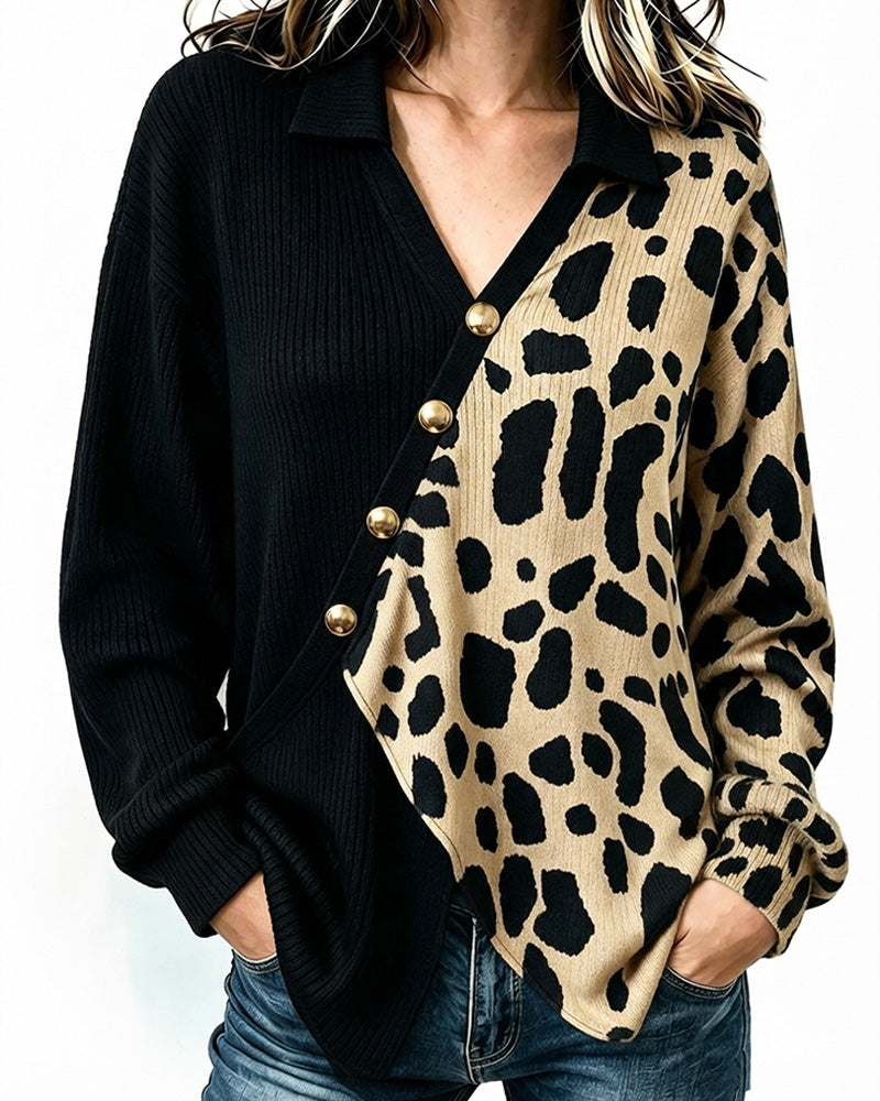 Pull à Col Asymétrique Patchwork Léopard