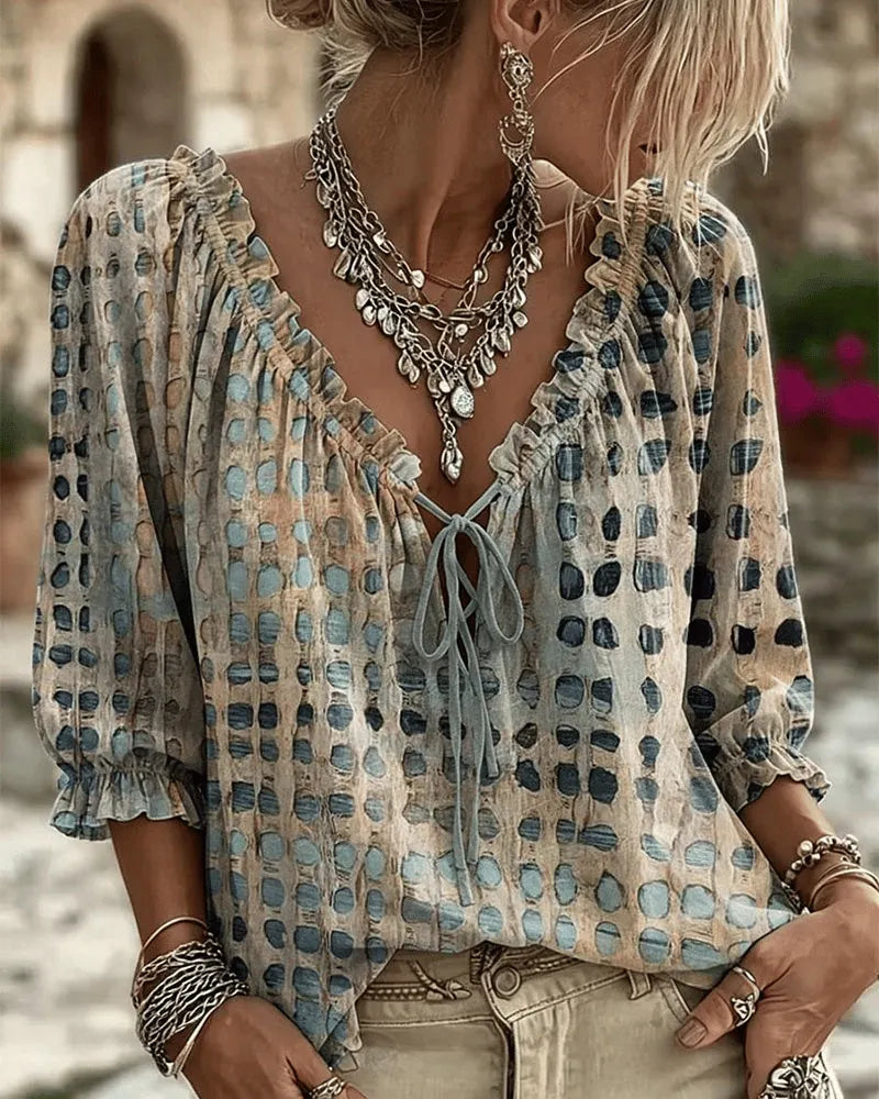 Blouse femme bohème à pois avec col V noué