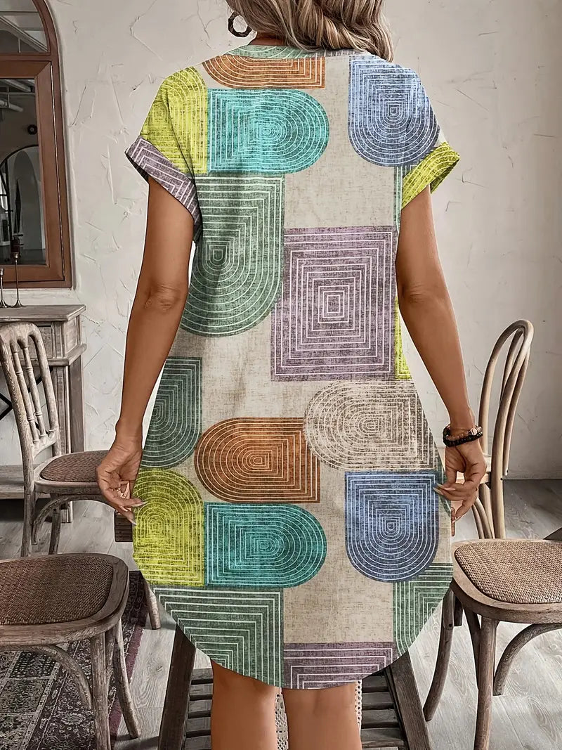 Prisme | Robe Mini à Imprimé Géométrique pour Femmes, Boutonnée, Décolleté en V