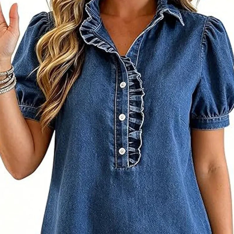 Haut femme en denim avec col volanté et manches bouffantes