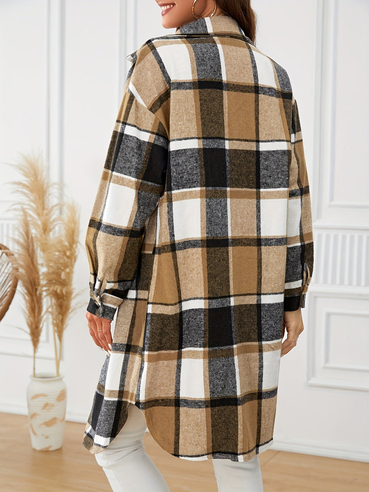 Elowen | Manteau long à carreaux pour femmes avec boutons