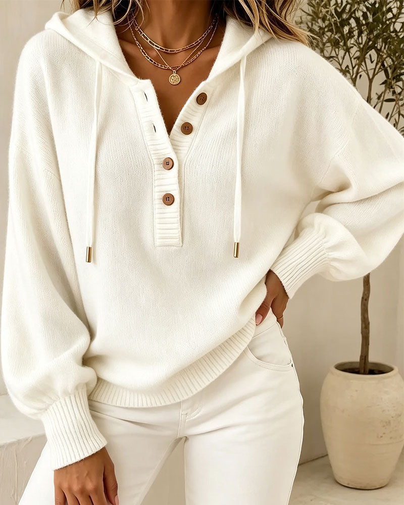 Pullover Capuche Bouton Manche Lanterne Cordon Pull