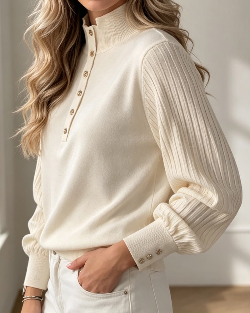 Pull Col Roulé Bouton Côtelé Manches Bouffantes