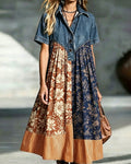 Robe Col Chemise Floral Contraste Denim Patchwork