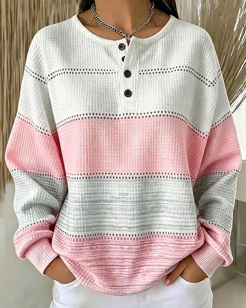 Sweat-shirt à col rond en maille avec boutons et blocs de couleur