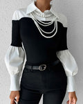 Haut Bloc de Couleur Off-Shoulder Manche Lanterne Patchwork