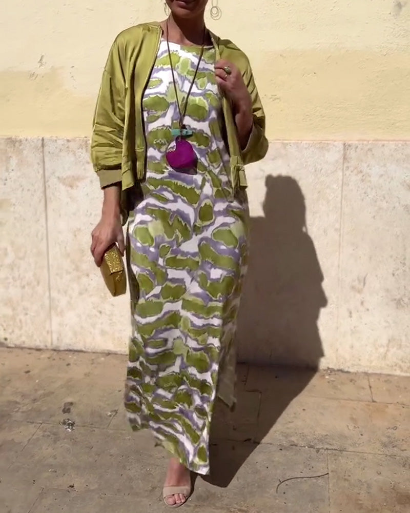 Ensemble Robe Imprimée Sans Manches et Manteau
