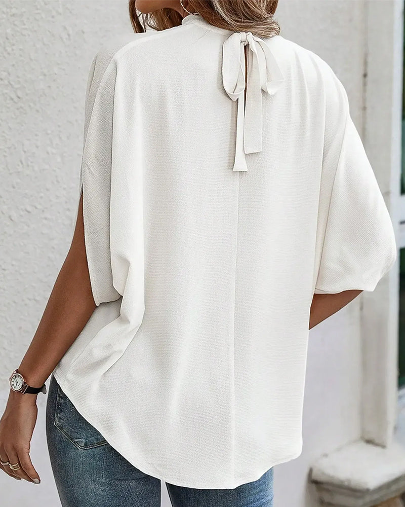 Blouse Col Mock Plissé Manche Trois Quarts Unie