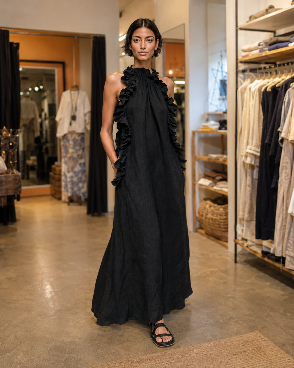 Felene | Robe maxi en lin sans manches avec volants